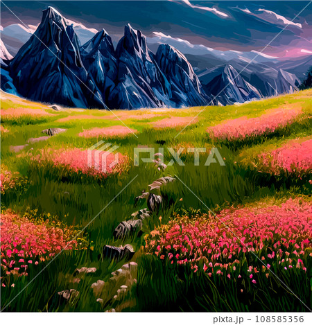 Spring landscape in village with green field and sunset, flat cartoon countryside with mountain and forest, blue sky, natural scene in countryside, sunny day summer 108585356