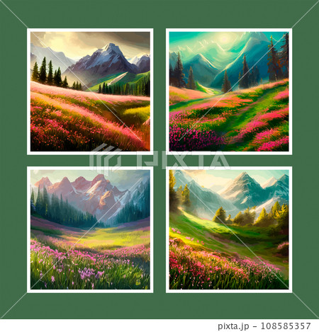 Spring landscape in village with green field and sunset set of four posters, flat cartoon countryside with mountain and forest, blue sky, natural countryside scene, sunny day summer 108585357
