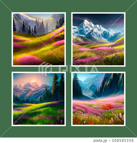 Spring landscape in village with green field and sunset set of four posters, flat cartoon countryside with mountain and forest, blue sky, natural countryside scene, sunny day summer Spring landscape in village with green field and sunset set of four posters, flat cartoon countryside with mountain and forest, blue sky, natural countryside scene, sunny day summer 108585358