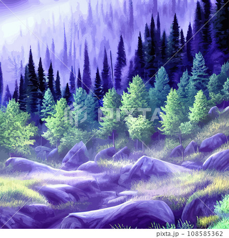 Nature and landscape. illustration trees, forests, mountains, plants. Image for background, card or cover. Illustration. Natural landscape with spruce trees. Modern minimal abstract background Nature and landscape. illustration trees, forests, mountains, plants. Image for background, card or cover. Illustration. Natural landscape with spruce trees. Modern minimal abstract background 108585362