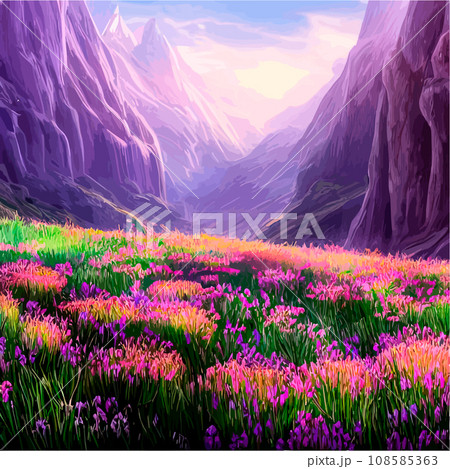Spring landscape in village with green field and sunset, flat cartoon countryside with mountain and forest, blue sky, natural scene in countryside, sunny day summer 108585363