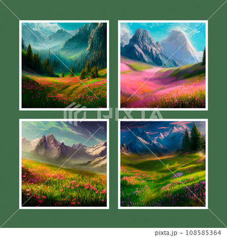 Spring landscape in village with green field and sunset set of four posters, flat cartoon countryside with mountain and forest, blue sky, natural countryside scene, sunny day summer Spring landscape in village with green field and sunset set of four posters, flat cartoon countryside with mountain and forest, blue sky, natural countryside scene, sunny day summer 108585364