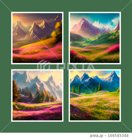 Spring landscape in village with green field and sunset set of four posters, flat cartoon countryside with mountain and forest, blue sky, natural countryside scene, sunny day summer Spring landscape in village with green field and sunset set of four posters, flat cartoon countryside with mountain and forest, blue sky, natural countryside scene, sunny day summer 108585388