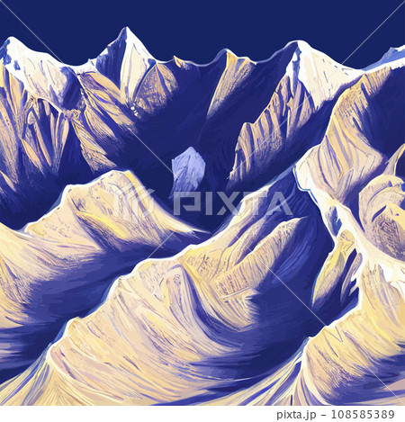 Mountain landscape. Mountain landscape. illustration. Abstract background. Fantasy theme morning landscape, sunrise mountains. landscape with blue mountains silhouettes with fog cold sunlight 108585389