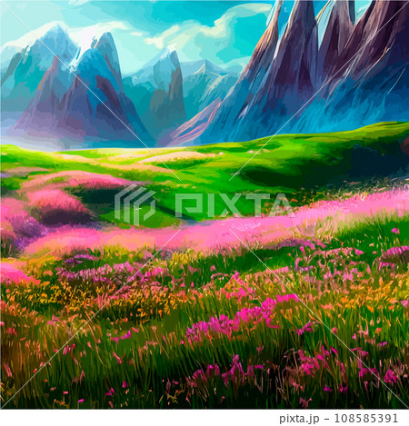 Spring landscape in village with green field and sunset, flat cartoon countryside with mountain and forest, blue sky, natural scene in countryside, sunny day summer Spring landscape in village with green field and sunset, flat cartoon countryside with mountain and forest, blue sky, natural scene in countryside, sunny day summer 108585391