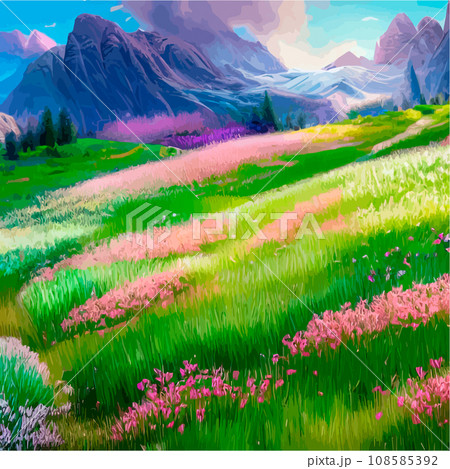 Spring landscape in village with green field and sunset, flat cartoon countryside with mountain and forest, blue sky, natural scene in countryside, sunny day summer Spring landscape in village with green field and sunset, flat cartoon countryside with mountain and forest, blue sky, natural scene in countryside, sunny day summer 108585392