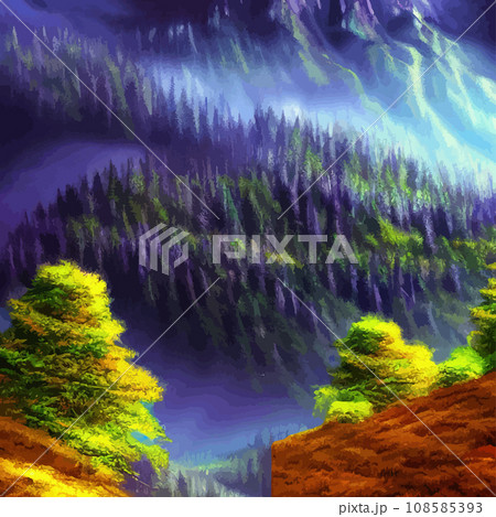 Nature and landscape. illustration trees, forests, mountains, plants. Image for background, card or cover. Illustration. Natural landscape with spruce trees. Modern minimal abstract background 108585393