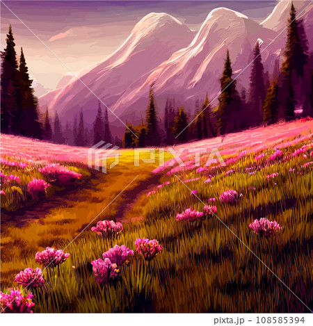 Spring landscape in village with green field and sunset, flat cartoon countryside with mountain and forest, blue sky, natural scene in countryside, sunny day summer 108585394