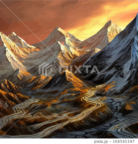 Realistic illustration mountain landscape with a hill forest with coniferous trees, under blue winter sky with space for text. Gray mountains forest retro vintage background illustration. 108585397