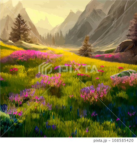 Spring landscape in village with green field and sunset, flat cartoon countryside with mountain and forest, blue sky, natural scene in countryside, sunny day summer Spring landscape in village with green field and sunset, flat cartoon countryside with mountain and forest, blue sky, natural scene in countryside, sunny day summer 108585420