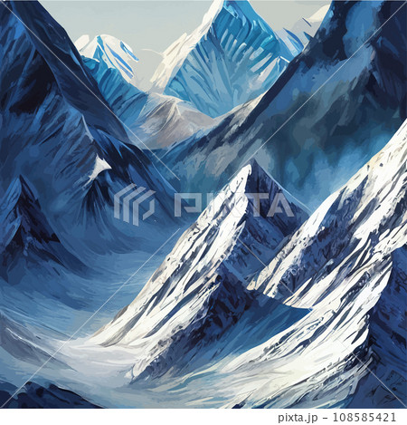 Realistic illustration mountain landscape with a hill forest with coniferous trees, under blue winter sky with space for text. Gray mountains forest retro vintage background illustration. 108585421