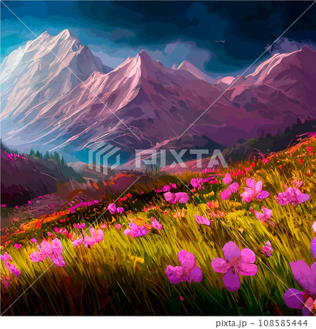 Spring landscape in village with green field and sunset, flat cartoon countryside with mountain and forest, blue sky, natural scene in countryside, sunny day summer Spring landscape in village with green field and sunset, flat cartoon countryside with mountain and forest, blue sky, natural scene in countryside, sunny day summer 108585444