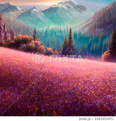 Spring landscape in village with green field and sunset, flat cartoon countryside with mountain and forest, blue sky, natural scene in countryside, sunny day summer Spring landscape in village with green field and sunset, flat cartoon countryside with mountain and forest, blue sky, natural scene in countryside, sunny day summer 108585445