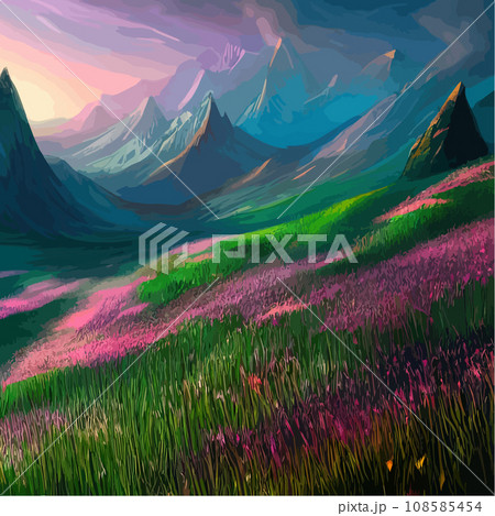 Spring landscape in village with green field and sunset, flat cartoon countryside with mountain and forest, blue sky, natural scene in countryside, sunny day summer Spring landscape in village with green field and sunset, flat cartoon countryside with mountain and forest, blue sky, natural scene in countryside, sunny day summer 108585454