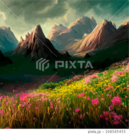 Spring landscape in village with green field and sunset, flat cartoon countryside with mountain and forest, blue sky, natural scene in countryside, sunny day summer Spring landscape in village with green field and sunset, flat cartoon countryside with mountain and forest, blue sky, natural scene in countryside, sunny day summer 108585455