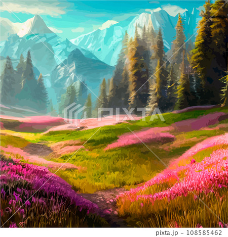 Spring landscape in village with green field and sunset, flat cartoon countryside with mountain and forest, blue sky, natural scene in countryside, sunny day summer 108585462
