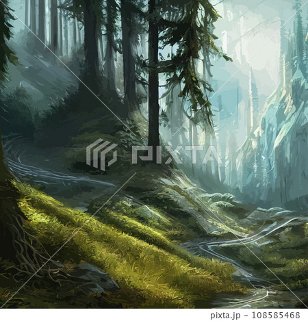 Nature and landscape. illustration trees, forests, mountains, plants. Image for background, card or cover. Illustration. Natural landscape with spruce trees. Modern minimal abstract background 108585468