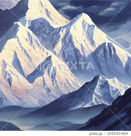 Realistic illustration mountain landscape with a hill forest with coniferous trees, under blue winter sky with space for text. Gray mountains forest retro vintage background illustration. 108585469