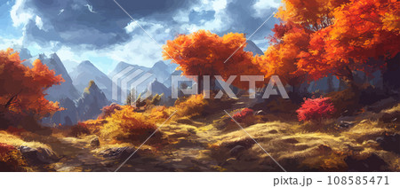 Autumn landscape with trees, mountains. Rural landscape. Autumn background. illustration . beautiful natural for thanksgiving day banner. Minimalist style. flat design Autumn landscape with trees, mountains. Rural landscape. Autumn background. illustration . beautiful natural for thanksgiving day banner. Minimalist style. flat design 108585471