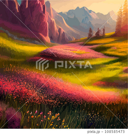 Spring landscape in village with green field and sunset, flat cartoon countryside with mountain and forest, blue sky, natural scene in countryside, sunny day summer Spring landscape in village with green field and sunset, flat cartoon countryside with mountain and forest, blue sky, natural scene in countryside, sunny day summer 108585473