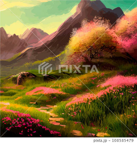 Spring landscape in village with green field and sunset, flat cartoon countryside with mountain and forest, blue sky, natural scene in countryside, sunny day summer Spring landscape in village with green field and sunset, flat cartoon countryside with mountain and forest, blue sky, natural scene in countryside, sunny day summer 108585479