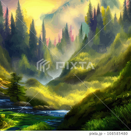 Nature and landscape. illustration trees, forests, mountains, plants. Image for background, card or cover. Illustration. Natural landscape with spruce trees. Modern minimal abstract background Nature and landscape. illustration trees, forests, mountains, plants. Image for background, card or cover. Illustration. Natural landscape with spruce trees. Modern minimal abstract background 108585480
