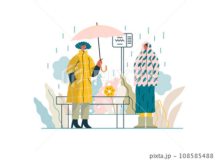 Mutual Support: Offer an umbrella to a stranger -modern flat vector concept illustration of a at a bus stop in the rain offering an umbrella A metaphor of voluntary, collaborative exchanges 108585488