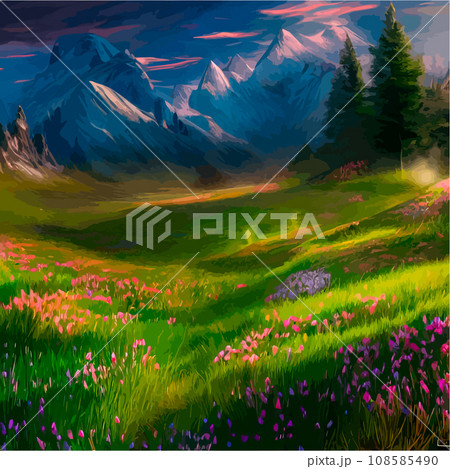 Spring landscape in village with green field and sunset, flat cartoon countryside with mountain and forest, blue sky, natural scene in countryside, sunny day summer 108585490