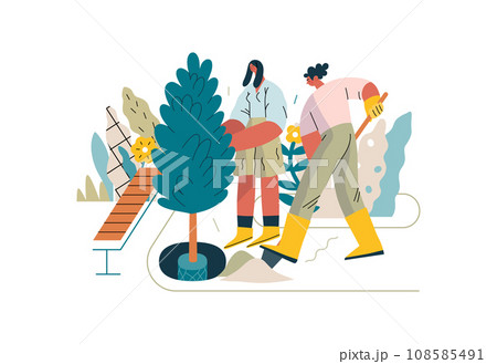 Mutual Support: Community yard improvement -modern flat vector concept illustration of people planting trees and plants A metaphor of voluntary, collaborative exchanges of resource, services 108585491