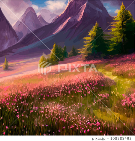 Spring landscape in village with green field and sunset, flat cartoon countryside with mountain and forest, blue sky, natural scene in countryside, sunny day summer 108585492