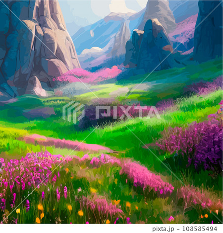 Spring landscape in village with green field and sunset, flat cartoon countryside with mountain and forest, blue sky, natural scene in countryside, sunny day summer Spring landscape in village with green field and sunset, flat cartoon countryside with mountain and forest, blue sky, natural scene in countryside, sunny day summer 108585494