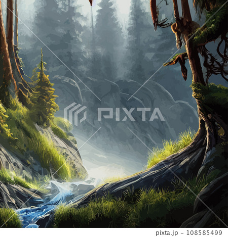 Nature and landscape. illustration trees, forests, mountains, plants. Image for background, card or cover. Illustration. Natural landscape with spruce trees. Modern minimal abstract background 108585499
