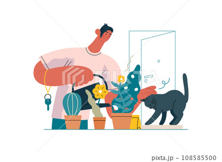 Mutual Support: Look after neighbor's house -modern flat vector concept illustration of man watering plants, looking after neighbors' cat A metaphor of voluntary, collaborative exchanges of services 108585500
