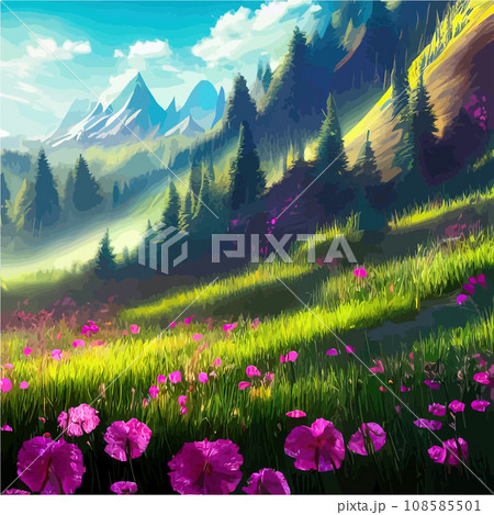 Spring landscape in village with green field and sunset, flat cartoon countryside with mountain and forest, blue sky, natural scene in countryside, sunny day summer 108585501