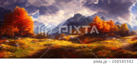 Autumn landscape with trees, mountains. Rural landscape. Autumn background. illustration . beautiful natural for thanksgiving day banner. Minimalist style. flat design 108585502
