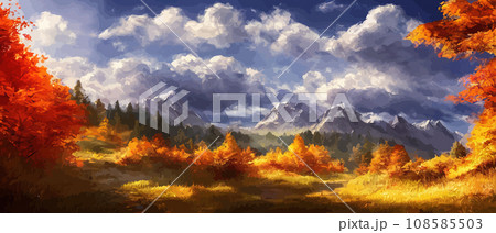 Autumn landscape with trees, mountains. Rural landscape. Autumn background. illustration . beautiful natural for thanksgiving day banner. Minimalist style. flat design Autumn landscape with trees, mountains. Rural landscape. Autumn background. illustration . beautiful natural for thanksgiving day banner. Minimalist style. flat design 108585503