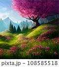 Spring landscape in village with green field and sunset, flat cartoon countryside with mountain and forest, blue sky, natural scene in countryside, sunny day summer 108585518
