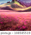 Spring landscape in village with green field and sunset, flat cartoon countryside with mountain and forest, blue sky, natural scene in countryside, sunny day summer 108585519