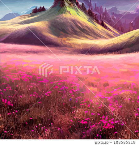 Spring landscape in village with green field and sunset, flat cartoon countryside with mountain and forest, blue sky, natural scene in countryside, sunny day summer 108585519