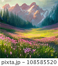 Spring landscape in village with green field and sunset, flat cartoon countryside with mountain and forest, blue sky, natural scene in countryside, sunny day summer 108585520