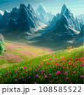 Spring landscape in village with green field and sunset, flat cartoon countryside with mountain and forest, blue sky, natural scene in countryside, sunny day summer 108585522