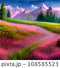 Spring landscape in village with green field and sunset, flat cartoon countryside with mountain and forest, blue sky, natural scene in countryside, sunny day summer 108585523