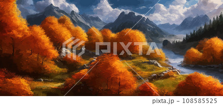 Autumn landscape with trees, mountains. Rural landscape. Autumn background. illustration . beautiful natural for thanksgiving day banner. Minimalist style. flat design 108585525