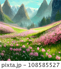 Spring landscape in village with green field and sunset, flat cartoon countryside with mountain and forest, blue sky, natural scene in countryside, sunny day summer 108585527