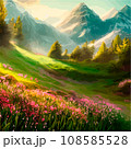 Spring landscape in village with green field and sunset, flat cartoon countryside with mountain and forest, blue sky, natural scene in countryside, sunny day summer 108585528