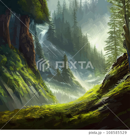 Nature and landscape. illustration trees, forests, mountains, plants. Image for background, card or cover. Illustration. Natural landscape with spruce trees. Modern minimal abstract background Nature and landscape. illustration trees, forests, mountains, plants. Image for background, card or cover. Illustration. Natural landscape with spruce trees. Modern minimal abstract background 108585529