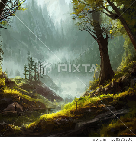 Nature and landscape. illustration trees, forests, mountains, plants. Image for background, card or cover. Illustration. Natural landscape with spruce trees. Modern minimal abstract background 108585530
