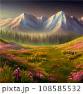 Spring landscape in village with green field and sunset, flat cartoon countryside with mountain and forest, blue sky, natural scene in countryside, sunny day summer 108585532