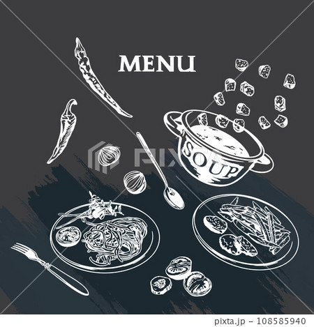 Soup, spaghetti, fries, dishes on a black background. Vector illustration. Design element for menus of cafes, restaurants, themed banners. Soup, spaghetti, fries, dishes on a black background. Vector illustration. Design element for menus of cafes, restaurants, themed banners. 108585940