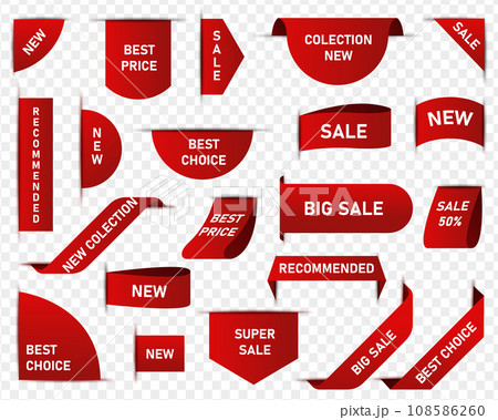Price tags vector collection. Ribbon sale banners. Best choice, order now, special offer, new. Isolated Price tags vector collection. Ribbon sale banners. Best choice, order now, special offer, new. Isolated 108586260